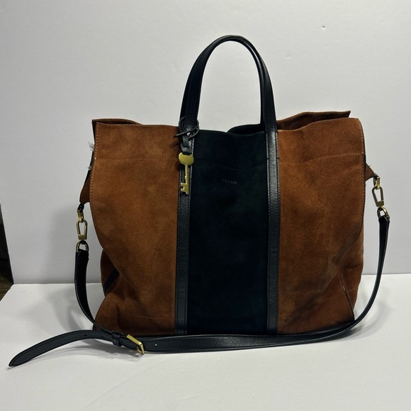 Fossil Carmen Shopper Tote Satchel Brown Black Genuine Leather Suede Key Charm - Picture 1 of 11